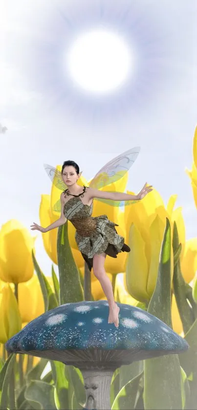 Fairy on a mushroom with yellow tulips and sun.