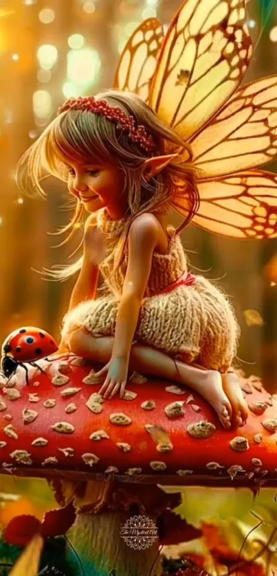 Whimsical fairy with butterfly wings on a mushroom.