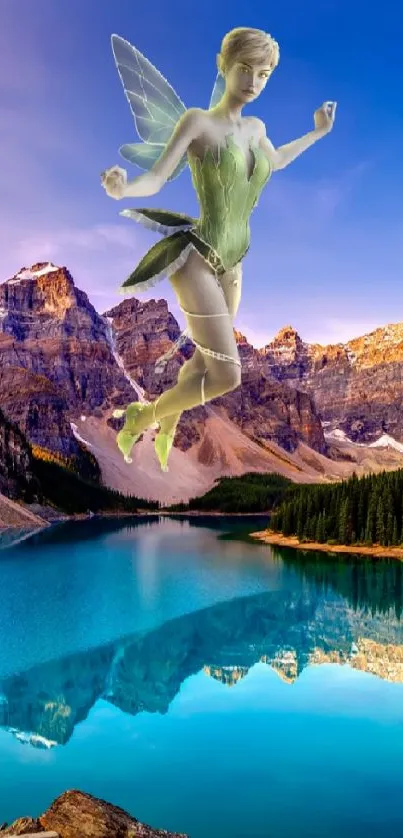 Fairy flying above mountain lake with scenic backdrop.