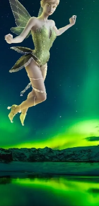 A fairy flying over vibrant Northern Lights in a mystical landscape.