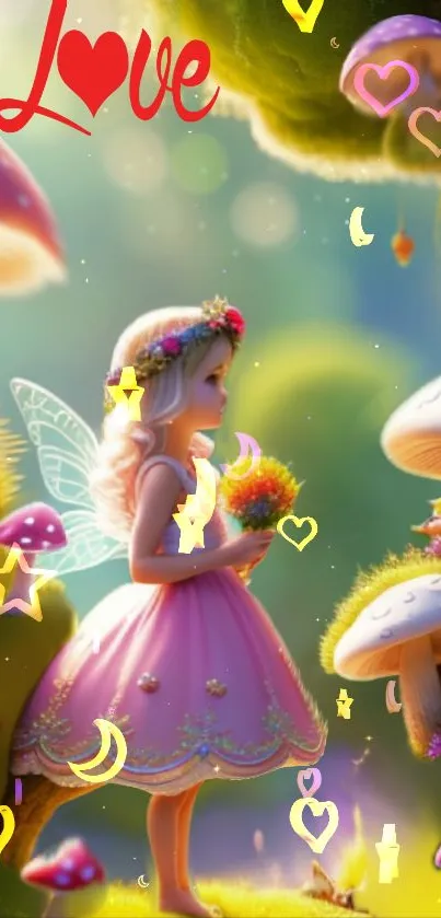 Enchanting fairy princess with colorful mushrooms in magical forest.