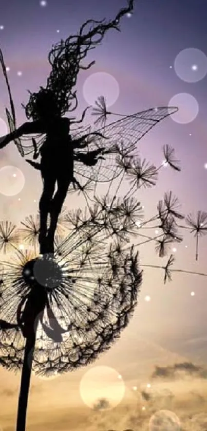 Fairy silhouette on dandelion at dusk with colorful evening sky.