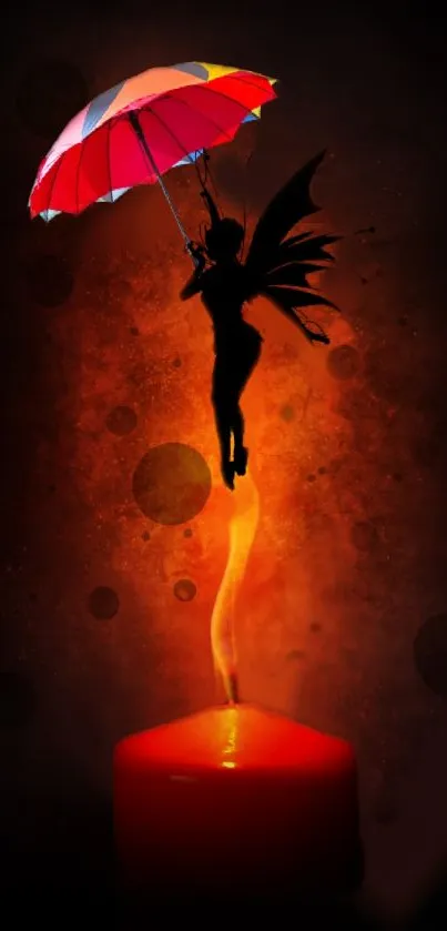 Silhouette of a fairy with an umbrella floating above a glowing red candle.