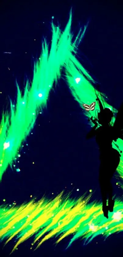 Silhouette of a fairy with neon triangle on a blue background.