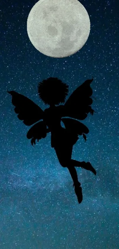 Fairy silhouette against full moon night sky wallpaper.