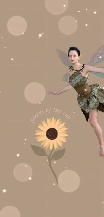 Fairy with sunflower on brown background.