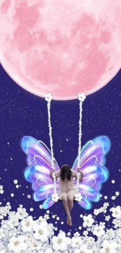 Fairy with butterfly wings swings beneath a pink moon in a floral dreamscape.