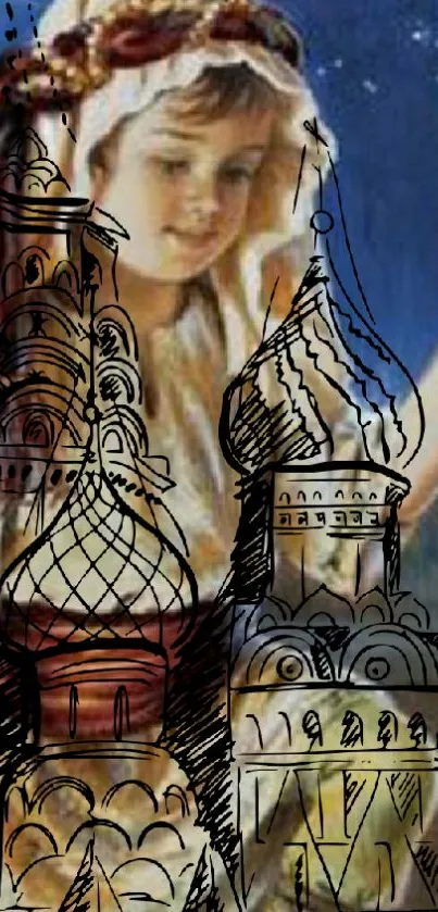 Fairy tale art wallpaper with castle sketch and nature theme.