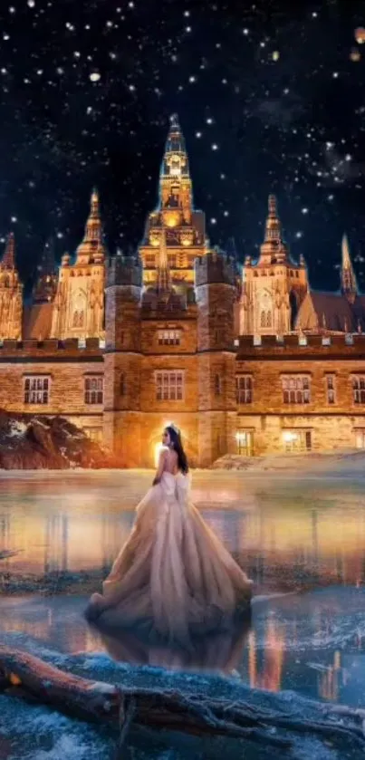 Magical night scene featuring a lit castle and a starry sky reflecting on water.