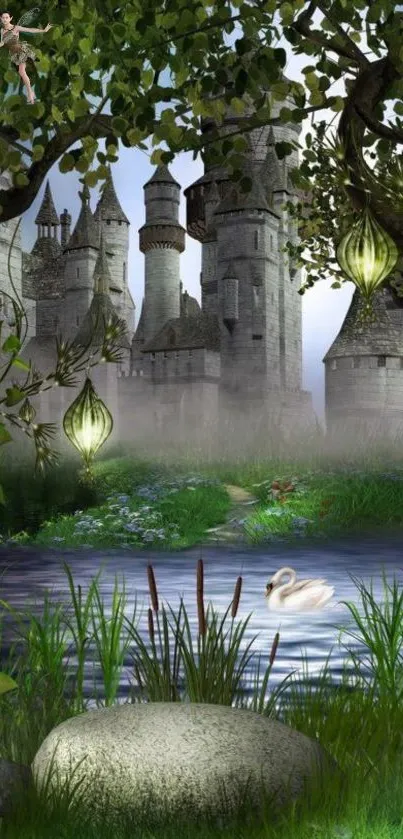 Enchanted castle with swan in serene landscape scene.