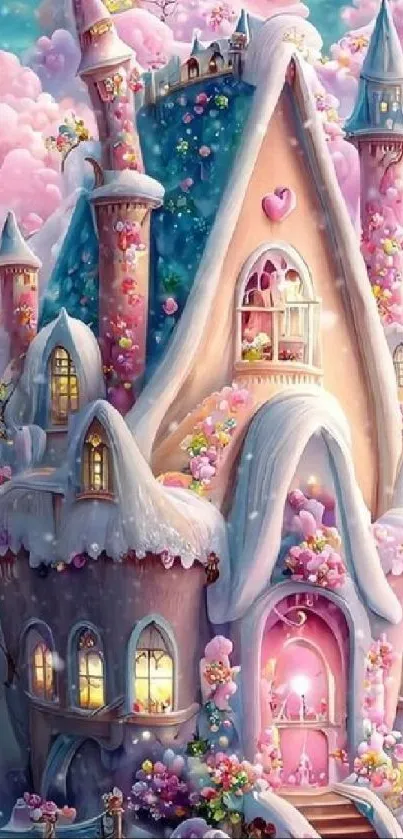 Whimsical fairy tale castle in pastel colors with a magical, dreamy design.