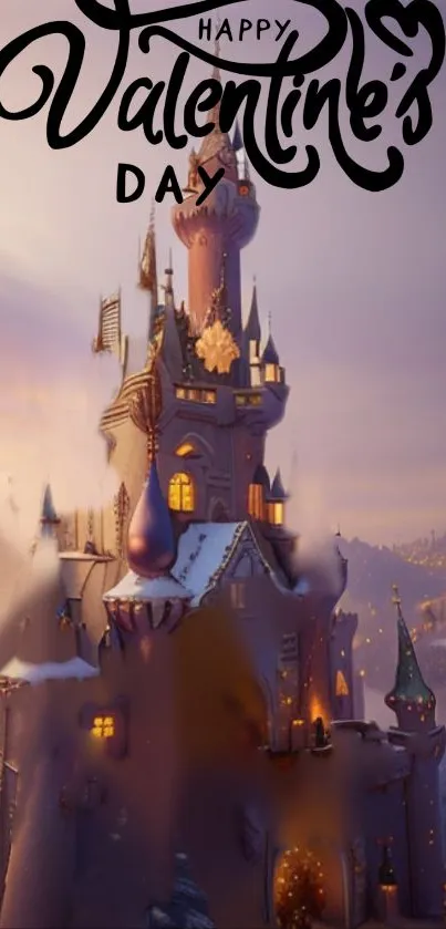 Fairy tale castle in snow with Valentine's Day text.