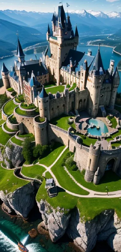 A majestic fairy tale castle overlooking mountains and sparkling water.