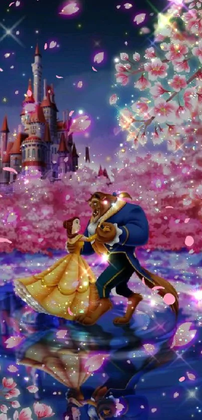 Fairy tale characters dance by a castle under cherry blossoms.