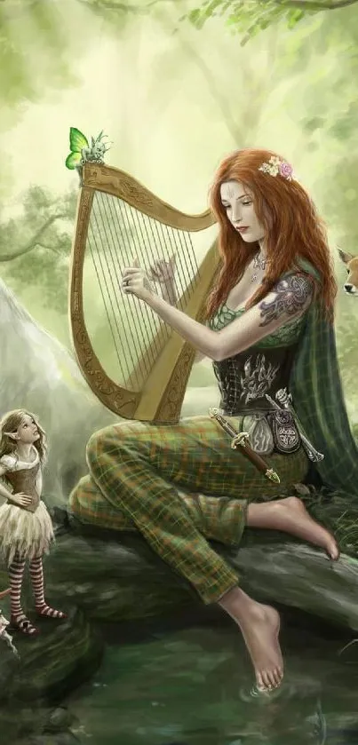 Fantasy art of a fairy playing harp in a magical forest with creatures.