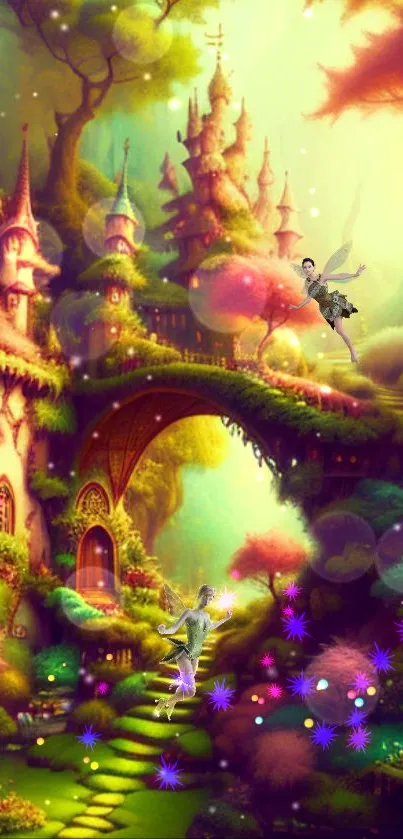 Whimsical fantasy scene with fairies and castles.