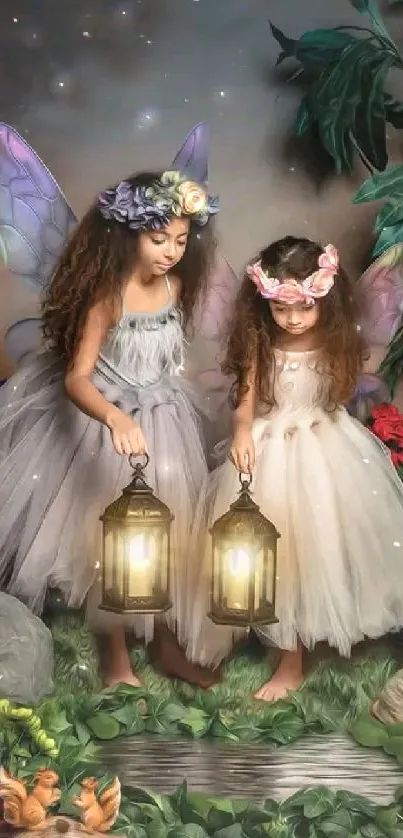 Two fairy-like children in a mystical garden with lanterns.