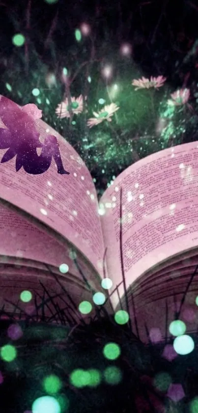 Purple fairy with glowing book and magical lights.