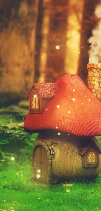 Whimsical mushroom house in enchanted forest wallpaper.