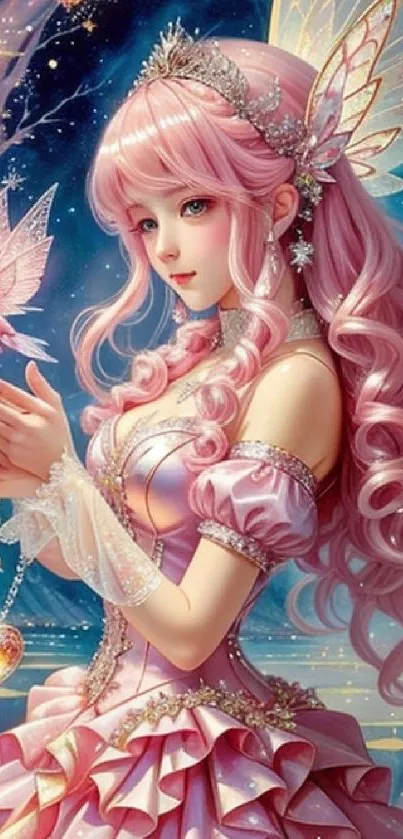 A pink-haired fairy princess with wings and a bird in a magical scene.