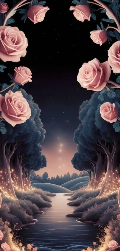 Enchanting rose-lined path under a starry night sky.