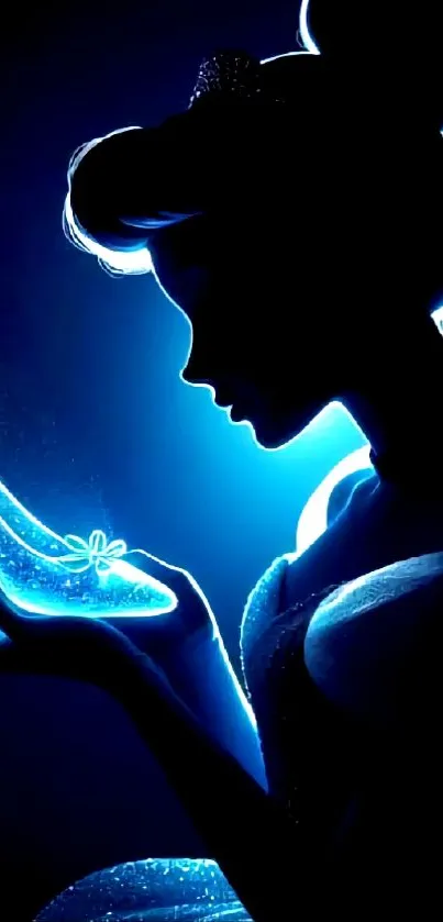 Silhouette of a princess holding a sparkling glass slipper with a blue glow.