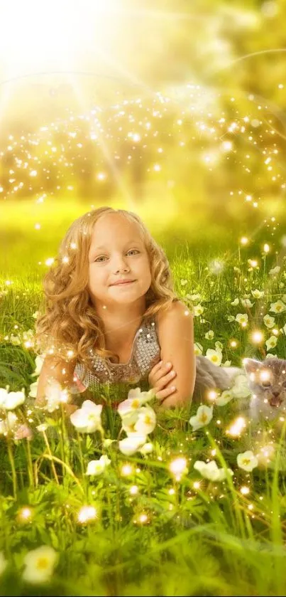 Child and cat in a dreamy spring meadow with sunlight and flowers.