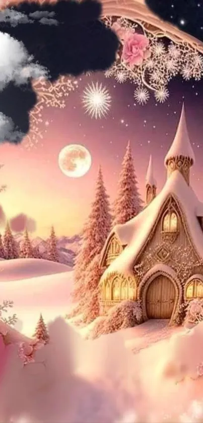 Fairy tale winter scene with a snow-covered cottage and magical elements.