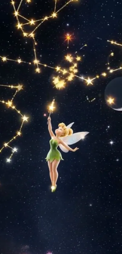 Fairy floating under a starry sky with a crescent moon.