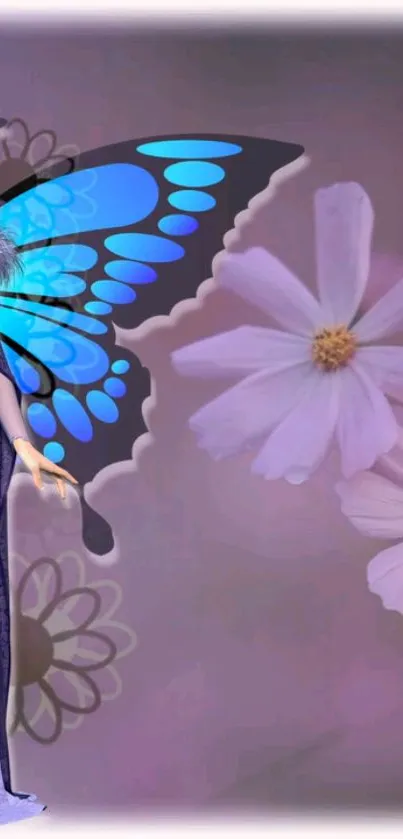 Fairy in purple dress with blue butterfly wings and flowers.