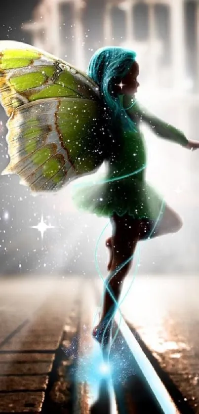 Mystical fairy with glowing wings in an urban setting as mobile wallpaper.