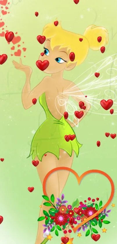 Magical fairy with red hearts flying on a light green background.