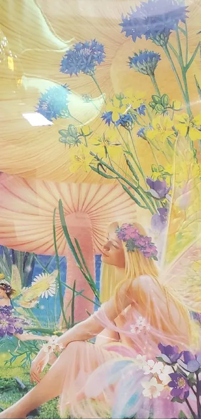 Colorful fairy scene with mushrooms, flowers, and fairies in a vibrant fantasy setting.