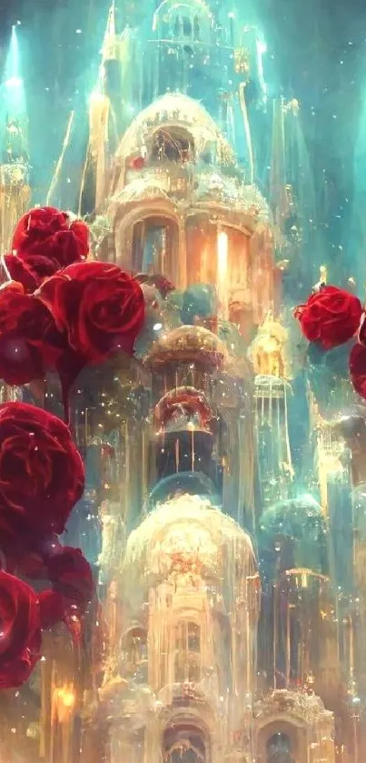 Fairytale castle surrounded by red roses with mystical lighting.