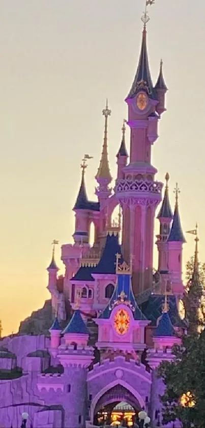 Magical castle at sunset with a lavender sky.