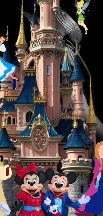 Fantasy castle scene with Disney characters and a dark blue sky.