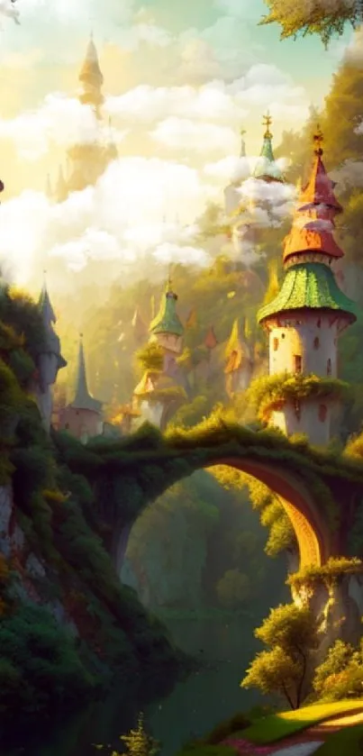 Enchanting fairytale castle landscape with vibrant towers and a magical forest path.