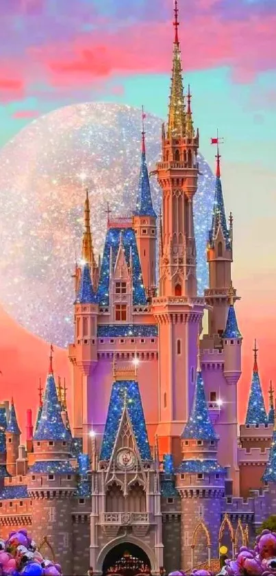 Fairytale castle with a magical sunset backdrop.