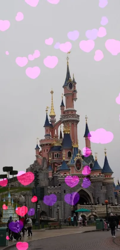 Majestic fairytale castle set against a cloudy sky in a mobile wallpaper.