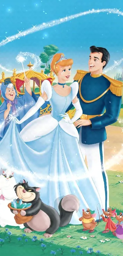 Animated princess and prince in front of a magical castle.