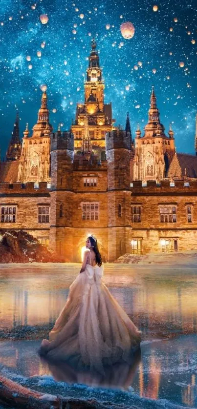 Fairytale castle with starry sky and lanterns.