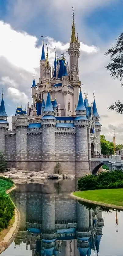 Fairytale castle reflected in a serene pond, under a blue sky.