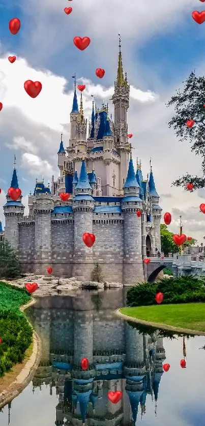 Fairytale castle with reflection over calm water under a bright blue sky.