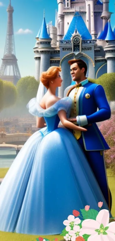 Romantic couple in front of majestic blue castle in a fairytale setting.