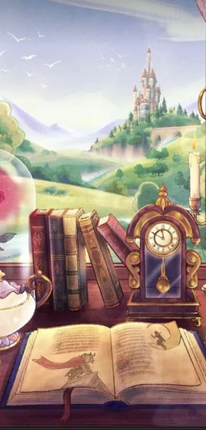 Magical fairytale castle view with vintage books and decor.