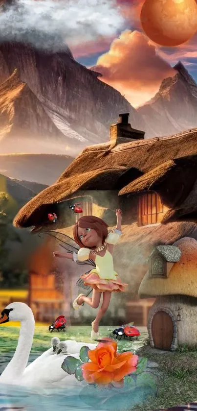 Fairytale fantasy landscape with cottage, swan, and mountain sunset.