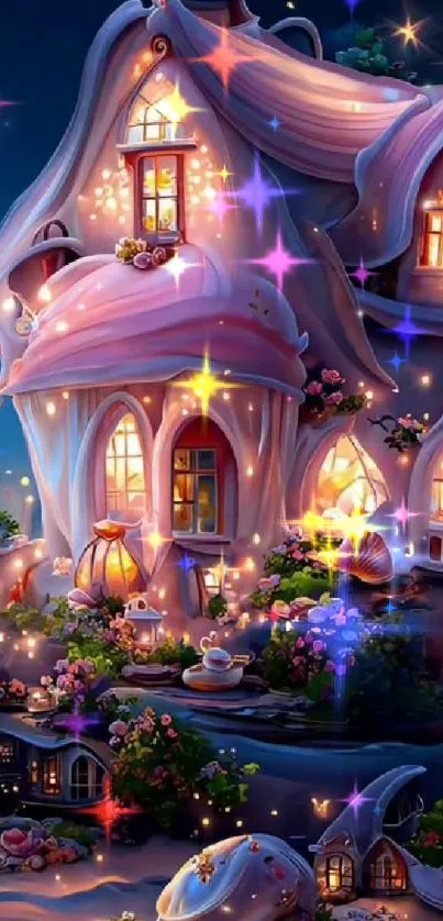 Enchanting fairytale cottage glowing under a starry night sky in fantasy wallpaper.