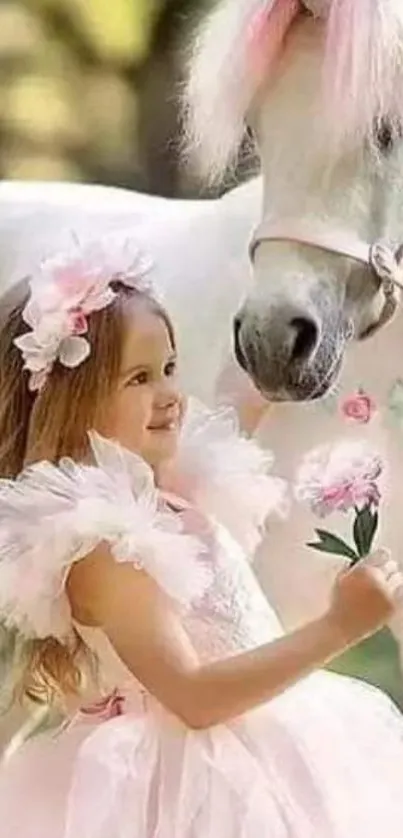 Girl in pink dress with unicorn in magical setting.