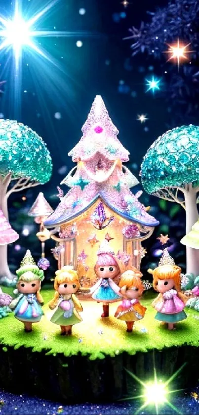 Whimsical fairytale forest with Christmas lights and cute characters.