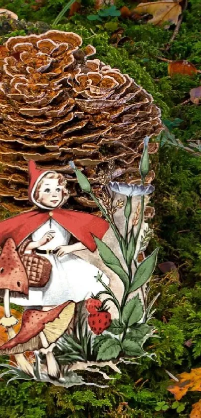 Fairytale character in a lush forest with mushrooms and autumn leaves.